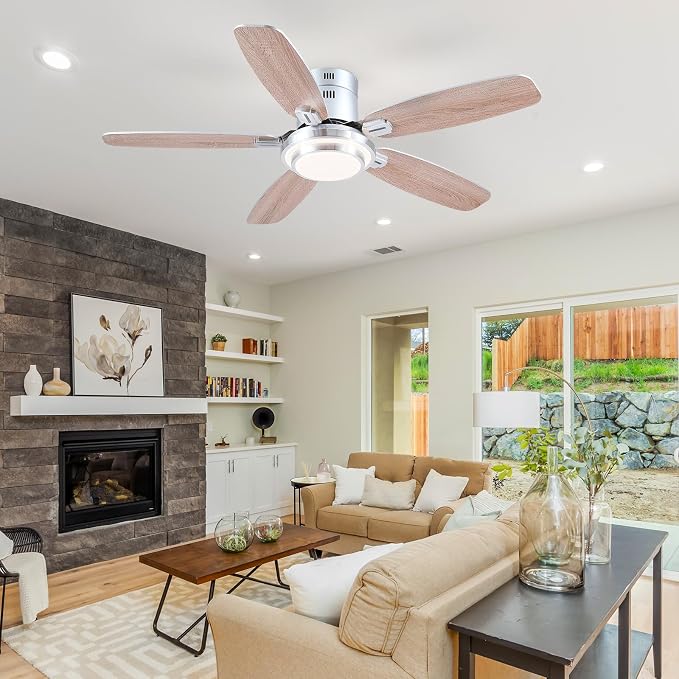 Hounberi 50 Inch Low Profile Ceiling Fans with Lights and Remote, Modern Brushed Nickel Flush Mount Ceiling Fan, 3CCT, Dimmable, Quiet DC Reversible Motor, for Bedroom Living Room Indoor/Outdoor Use