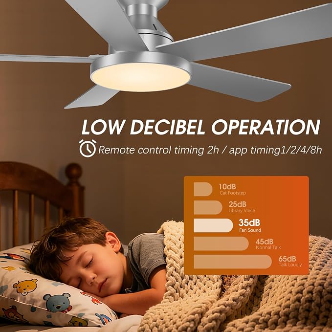 Ceiling Fans with Lights, 46" Low Profile Ceiling Fan with Light, Remote/App Control, Flush Mount Ceiling Fan for Bedroom, Indoor/Outdoor (Silver)