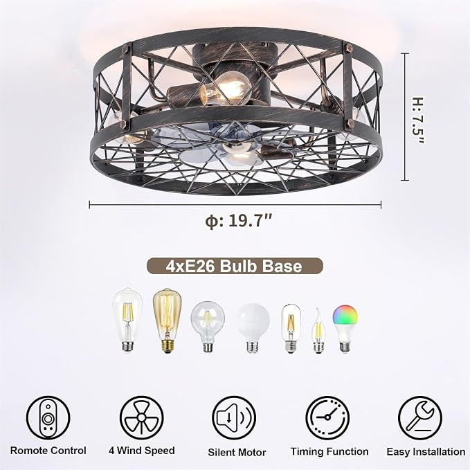 20" Farmhouse Flush Mount Caged Ceiling Fan with Lights and Remote, Rustic Low Profile Fandelier, Quiet 6 Speeds Reversible Enclosed Bladeless Small Ceiling Fans for Bedroom Living Room Kitchen
