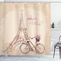 Ambesonne Paris Shower Curtain, Bonjour Paris Eiffel Tower and Vintage Bicycle with Flowers Retro Soft Color Print, Cloth Fabric Bathroom Decor Set with Hooks, 69" W x 70" L, Cream Pink