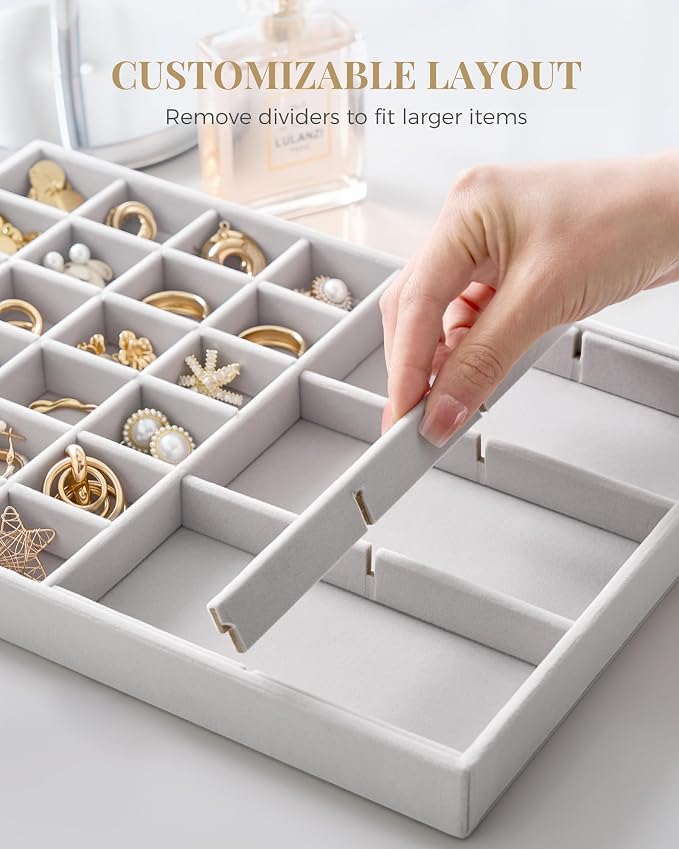 Lolalet Jewelry Drawer Organizer Inserts, Stackable Velvet Tray Jewelry Storage Organizers Set Display Cases for Necklaces Bracelets Earrings Rings Chains Bangles Watches, Grey, Set of 2