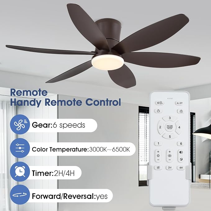 Surtime 48In Ceiling Fans with Light and Remote/APP Control, 6-Blade Reversible Motor Ceiling Fan, 3-Color Dimmable Lighting, All-Brown Finish