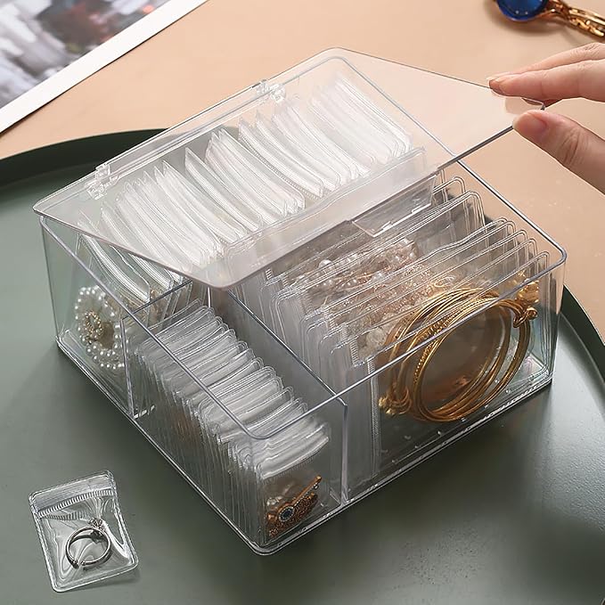 HomePekite 4 In 1 Acrylic Jewelry Organizers and Storage with 60 Portable Anti Tarnish Jewelry Bags, Clear Jewelry Box Organizer, Travel Jewelry Case for Earrings/Rings/Necklaces for Women Girls