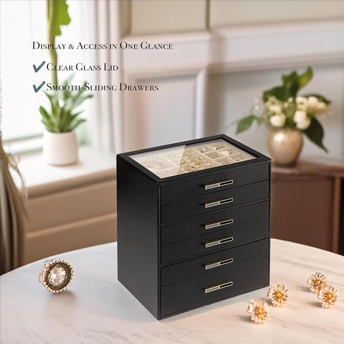 VLANDO 6-Drawer Jewelry Box with Glass Lid, Faux Leather Organizer for Rings Earrings Necklaces and More, Gift-Ready Jewelry Case for Women Girls or Moms, Black