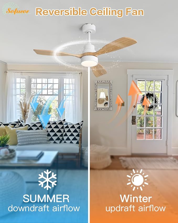Sofucor 48 Inch Smart Ceiling Fans with Lights-Flush Mount & Downrod Mount Modern Outdoor Ceiling Fans with Alexa/Google Assistant/APP/Remote Control for Bedroom/Farmhouse/Patio, White & Natural Wood
