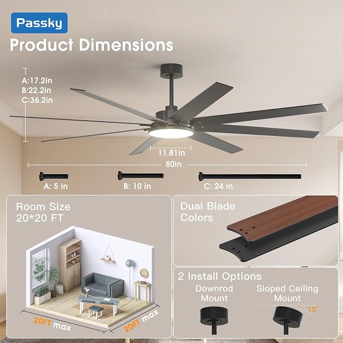 80 inch Ceiling Fans with Lights, Large Modern Ceiling Fan with Light and Remote Control, Reversible, 3CCT, Dimmable, Quiet, Black Ceiling fan For Bedroom, Living Room, Patio Farmhouse, Indoor/Outdoor