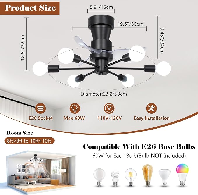 23 Inch Flush Mount Ceiling Fan with Light, Black Low Profile Fandelier | 6-Light Modern Sputnik Chandelier Fan, Remote Control, 6 Speeds, Reversible Quiet DC Motor, Easy to Install, for Bedroom