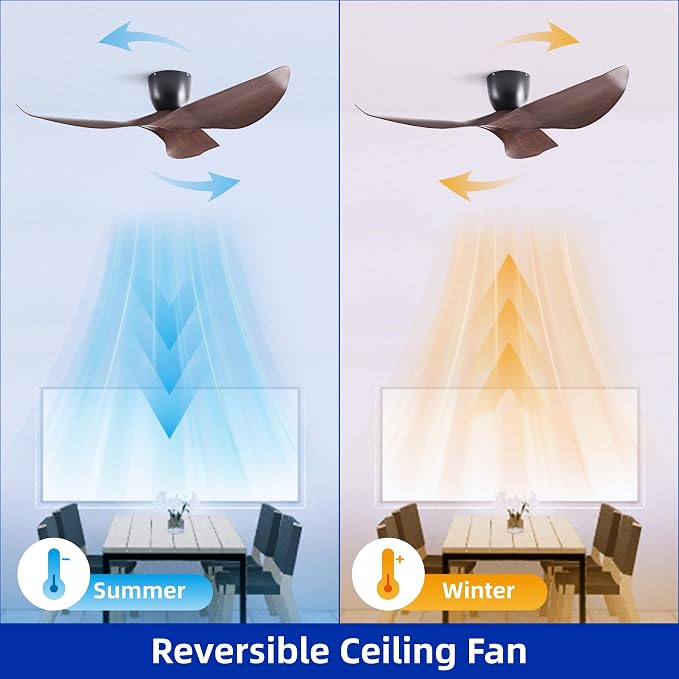 52" Black Walnut Grain Flush Mount Ceiling Fan, Remote No Light | Modern Low-Profile, Heat Resistant ABS Blades, 6-Speed Reversible Quiet DC Motor for Balcony, Living Room, Bedroom
