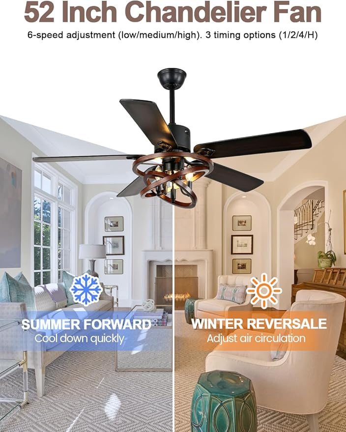 52 Inch Farmhouse Ceiling Fan with Light and Remote Chandelier Fan Quiet and Reversible DC Motor Rustic Ceiling Fan for Living Room Bedroom Patio