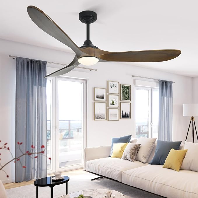 60” Outdoor Ceiling Fan with Light 3 Downrods, Smart Wood Ceiling Fan Compatible with Alexa/Google/App, 3 Blades Modern Walnut Wood Ceiling Fans for Kitchen Living Room Patio,Bronze
