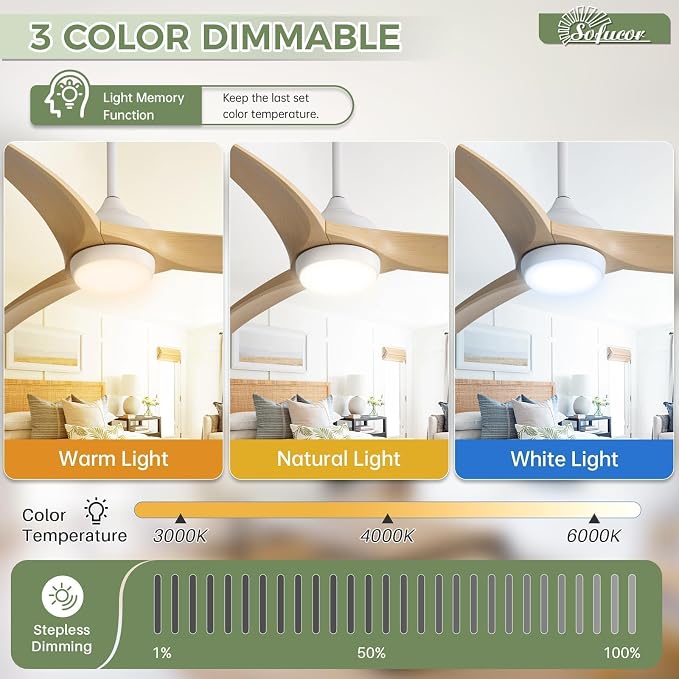 Sofucor 52 Inch Ceiling Fan with Light, Outdoor Modern Ceiling Fan with Lights Remote Control, Airflow 6000CFM 3 CCT Dimmable 3-Timer ABS 3 Blades Reversible DC Motor for Living Room Bedroom Patio