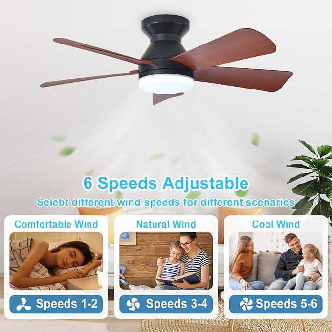 Depuley Modern Ceiling Fan with Light: 35-Inch Black Small Fans for Bedroom Indoor Outdoor - Dimmable Low Profile Ceiling Fans with Remote Control Flush Mount 5 Reversible Walnut Blades 6 Speeds Timer