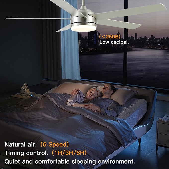YUHAO 60 Inch Brushed Nickel Ceiling Fan with Light and Remote Control.Noiseless,Dimmable,3CCT,6 Speeds Reversible, DC Ceiling Fans for Indoor or Covered Outdoor Use.ETL Listed