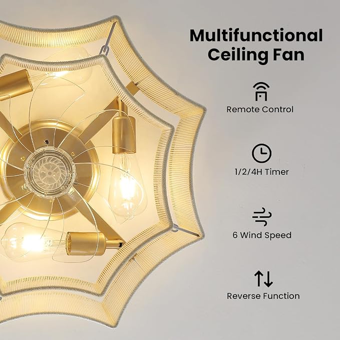 Boho Ceiling Fan with Light, 20'' Flush Mount Caged Ceiling Fan with Light Remote Control, Low Profile Fandelier with 6 Speeds for Bedroom, Living Room