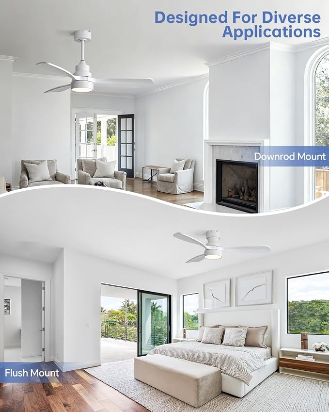 Sofucor 48 Inch Ceiling Fan with Lights and Remote Control, White | Flush&Downrod Mount, Solid Wood Blade,1/4/8 H Timer, 3CCT Dimmable 6 Speed, Quiet DC Motor, Outdoor Bedroom/Living Room/Patio