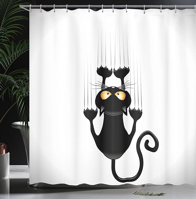 Ambesonne Funny Shower Curtain, Naughty Cat Scratching The Wall with His Paws Grumpy Feline Humorous Kitten Graphic, Cloth Fabric Bathroom Decor Set with Hooks, 69" W x 75" L, White and Black
