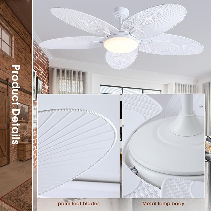 PHORUS 62"Large White Outdoor Palm Leaf Ceiling Fans with Lights and Remote | Super Large Airflow with 6 Wind Speeds,Reversible,3 LED Light Colors,50W Quiet DC Motor,4H Timer,Suits for Living Room Patio