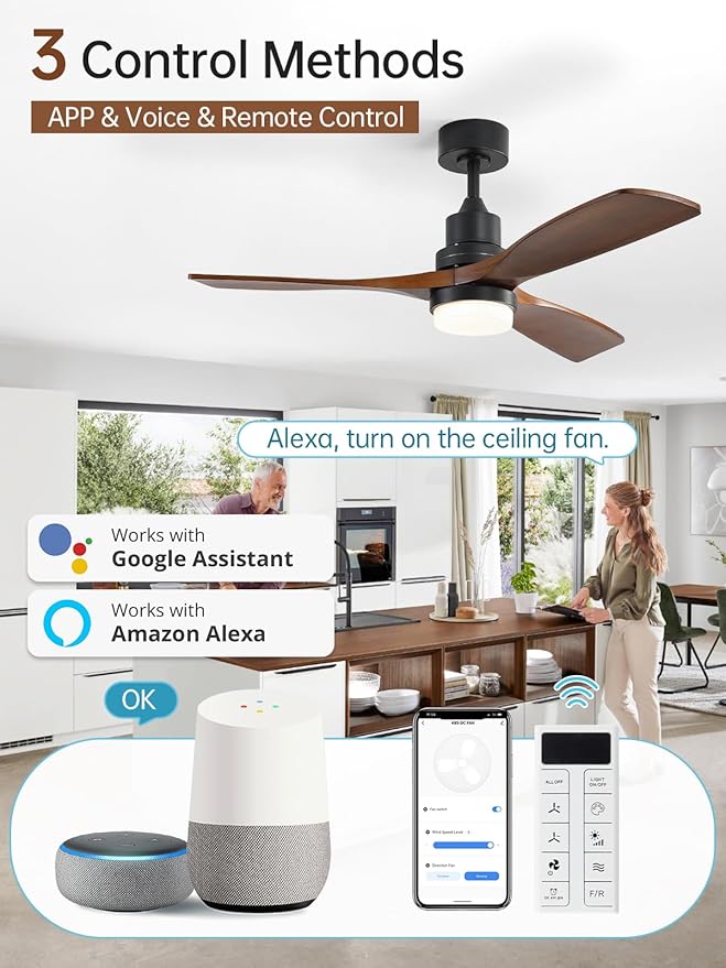 Sofucor 52 Inch Smart Ceiling Fan with Lights, Brown Black | Alexa/APP/Remote Control, Modern 3 Solid Wood Blades, 3CCT, Dimmable, Bedroom Living Room Farmhouse Patio