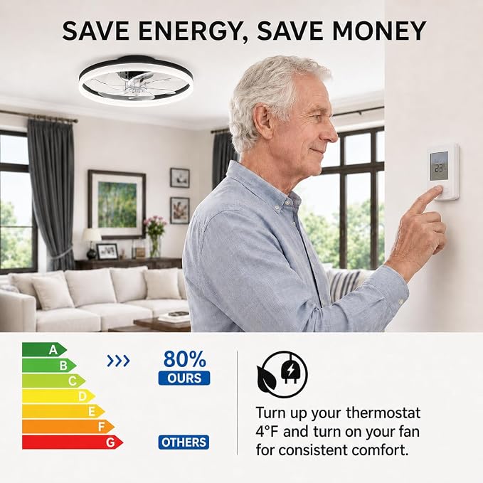 20 Inch Low Profile Ceiling Fans with Lights and Remote, Black | Flush Mount 7-Blade Fandelier with App Control, 3CCT Dimmable, Quiet Reversible DC Motor, 6 Speeds Ceiling Fan for Bedroom