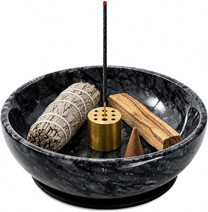 Natural Marble Incense Holder, 4.72 Incense Holder for Sticks with 9 Holes, Handmade Incense Burner for use in Meditation/Palo Santo/Sage/Cone (Black)