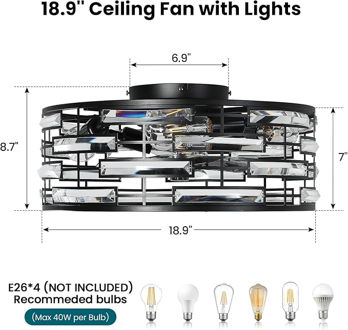 Crystal Caged Ceiling Fans Lights: 18.9'' Flush Mount Fandelier Farmhouse with Remote, 6 Speeds, Black Industrial Chandelier Low Profile Ventilador de Techo for Bedroom Kitchen Living Dining Room