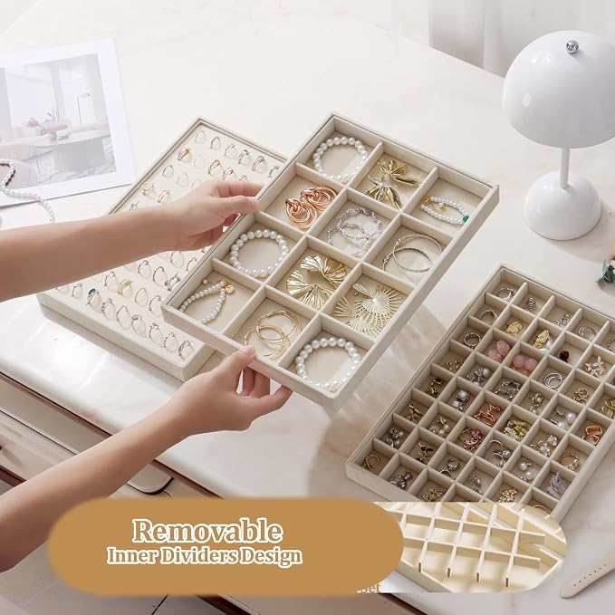 Large Velvet Jewelry Tray Display Drawer Inserts 2 Pack | Stackable Jewelry Organizer for Earring Bracelet Necklace Ring (Beige, 12 Grids)
