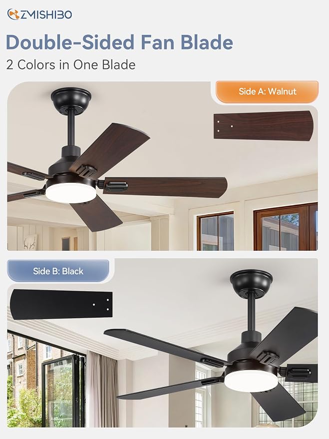 ZMISHIBO 2 Pack 44" Ceiling Fans with Lights, Black Modern Ceiling Fan with Remote, Farmhouse Indoor Ceiling Fan with Dual Finish Blades, Quiet & Strong Motor, Bright LED Light.