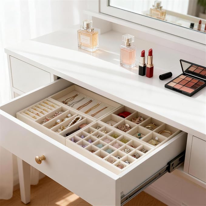 Velvet Jewelry Drawer Storage Tray, Set of 4 Stackable Drawer Organizer, Multifunctional Jewelry Display Organizer, Storage Box for Earrings, Rings, Necklaces, Bracelets, Brooches, Watches