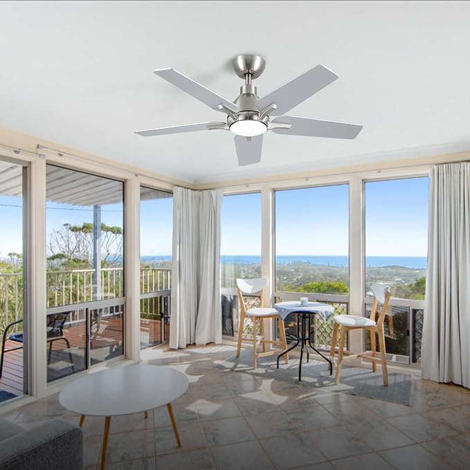 42 Inch Ceiling Fans with Lights, Brushed Nickel Ceiling Fan with Remote, Modern Ceiling Fan for Bedroom, Living Room, Dining Room, Patio, 3CCT Dimmable 6 Speeds DC Quiet
