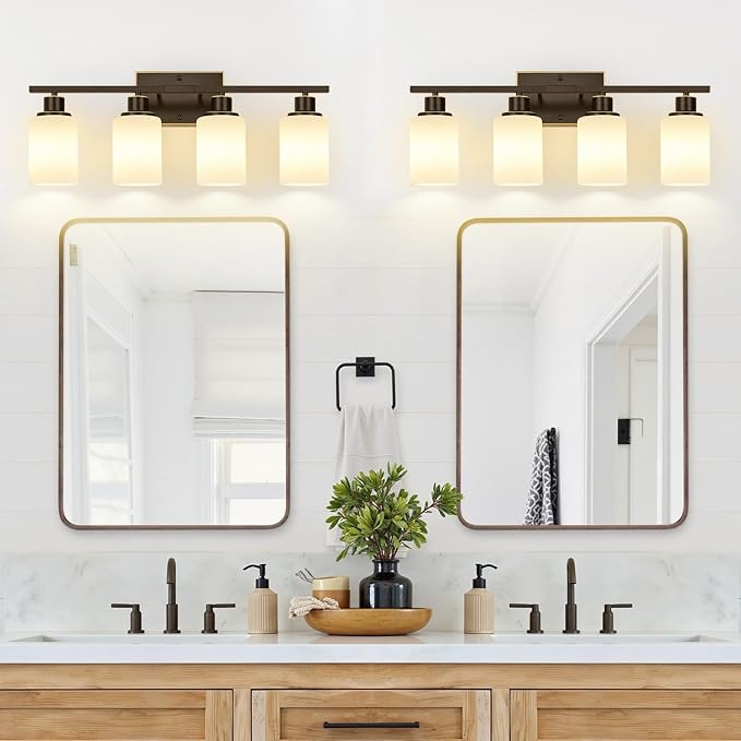 Indoi 4-Light Bathroom Light Fixtures, Oil-Rubbed Bronze Modern Vanity Lights with Milky White Shades, Bathroom Wall Lamp for Mirror Living Room Cabinet Bedroom Porch