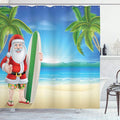Ambesonne Christmas Shower Curtain, Santa Claus with Trunks on The Beach and Surfboard Sunny Hot Christmas Theme, Cloth Fabric Bathroom Decor Set with Hooks, 69" W x 70" L, Blue Green