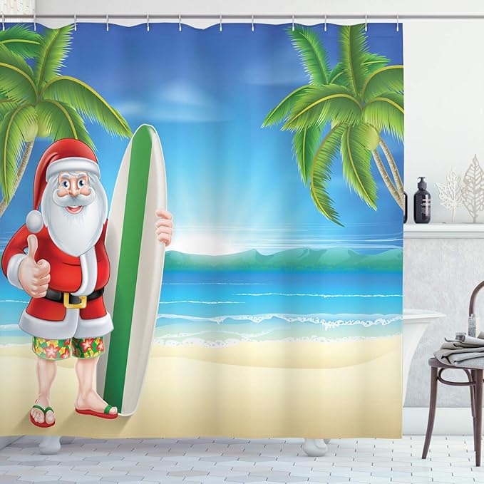 Ambesonne Christmas Shower Curtain, Santa Claus with Trunks on The Beach and Surfboard Sunny Hot Christmas Theme, Cloth Fabric Bathroom Decor Set with Hooks, 69" W x 70" L, Blue Green