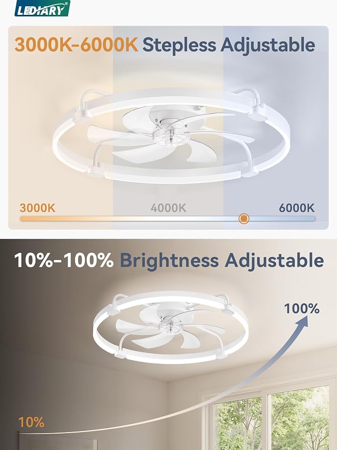LEDIARY 26" Ceiling Fans with Lights and Remote, Low Profile Led Fan Light | Stepless Dimmable Fandelier, 6 Wind Speeds, Remote and APP Control, Flush Mount Ceiling Fan for Bedroom, Living Room, White