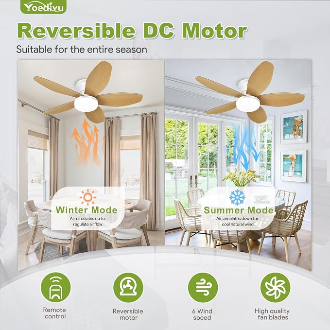 Ceiling Fans with Lights - 35 Inch Small Low Profile Ceiling Fan and Remote,Flush Mount Ceiling Fan with 5 Reversible Blades 6 Wind Speeds, White&Wood Modern Ceiling Fans for Bedroom Kitchen