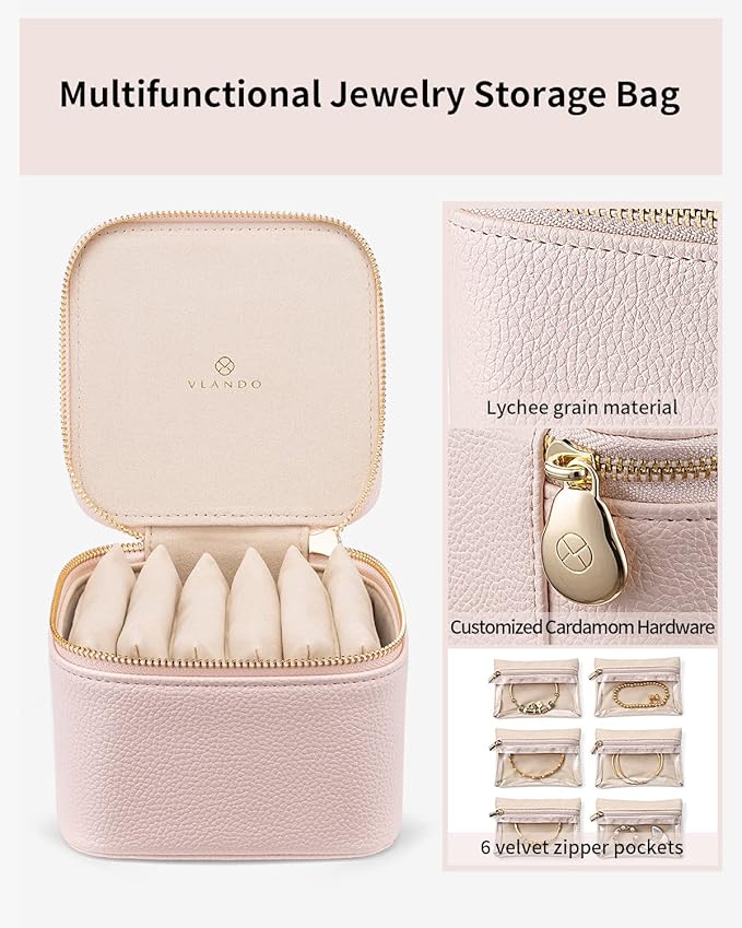 Vlando Travel Jewelry Case,Jewelry Organizer with 6 zipper velvet Jewelry bags for Women Girl,Wedding Birthday Gift Ideas for Women Earrings Rings Storage Gift Box Packaging Pink