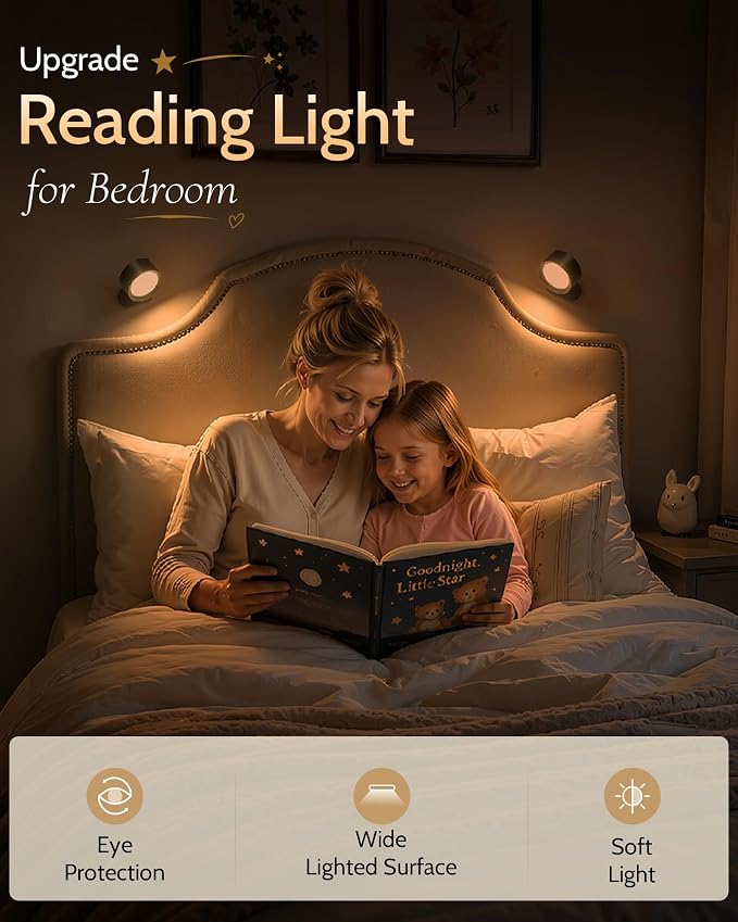 LED Wall Mounted Lights, Rechargeable Wall Sconces, 3 Color Temps, Remote & Touch, 360° Rotating and Dimmable for Bedroom, Bedside & Reading (Black, 3 Pack)
