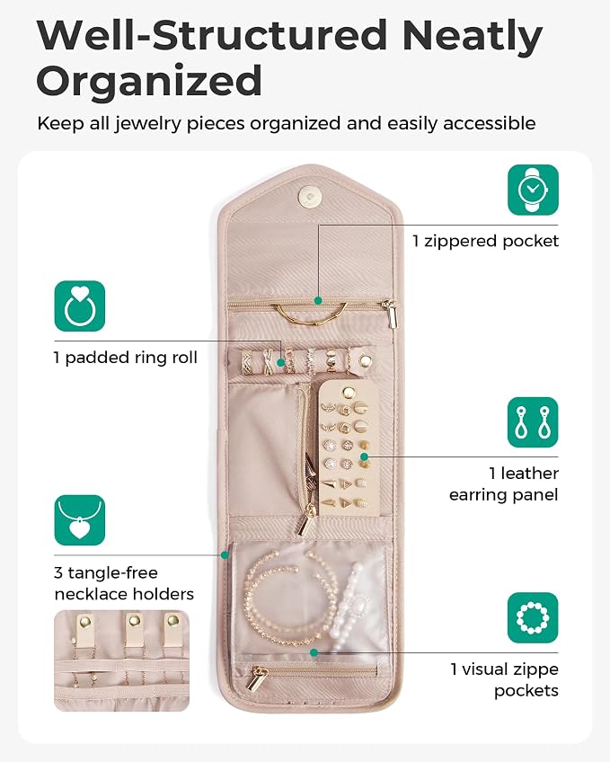 BAGSMART Travel Jewelry Organizer Case E Initial Foldable Jewelry Roll for Journey Rings, Necklaces, Earrings, Bracelets,Mini,Letter E,Soft Pink
