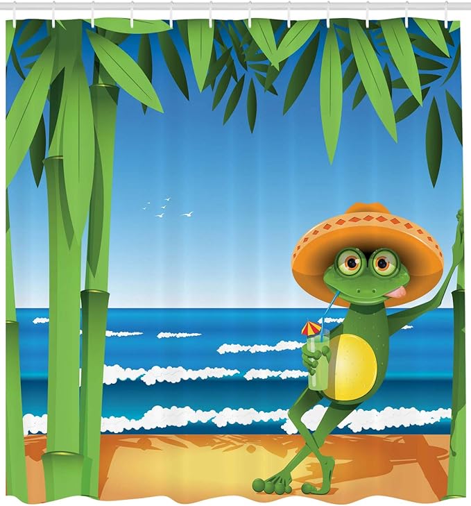 Ambesonne Animal Shower Curtain, Illustration of a Frog on Sandy Beach with Palm Trees and Ocean Tropical Print, Cloth Fabric Bathroom Decor Set with Hooks, 69" W x 70" L, Cream Green