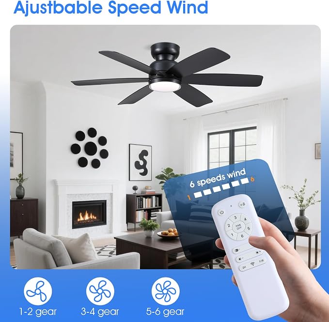Kviflon 46 Inch Modern Ceiling Fans with Lights Remote Control, Low Profile Flush Mount Ceiling Fan, 6 Reversible Plastic Blades, 6 Speeds 3 CCT Dimmable LED Lights for Bedroom Living Room, Black
