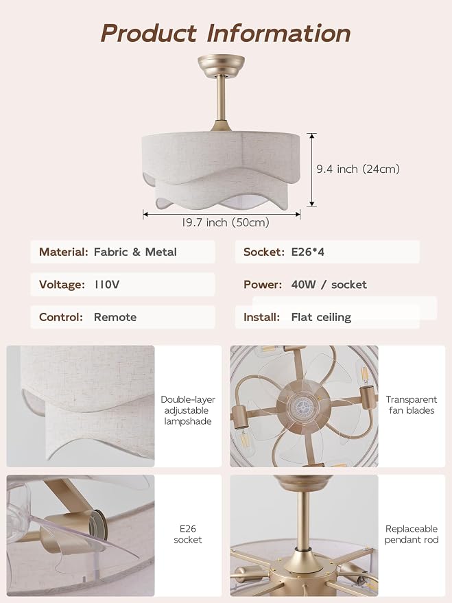 20" Boho Fandelier Ceiling Fans with Lights, Gold Caged Ceiling Fan with Light, Fabric Bladeless Fan with Remote Control, Reversible for Bedroom, Living Room, Nursery (Beige)