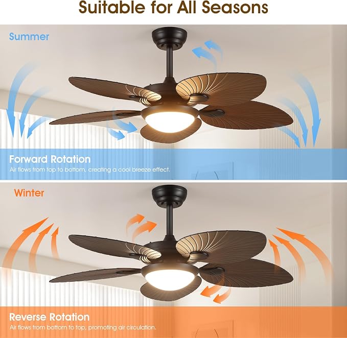 Wiviniya Tropical Ceiling Fans with Lights, 44 Inch Palm Leaf Outdoor Ceiling Fan with Light for Patios Porch Bedroom, Remote/APP Control, Reversible Quiet DC Motor, Dimmable LED, Brown