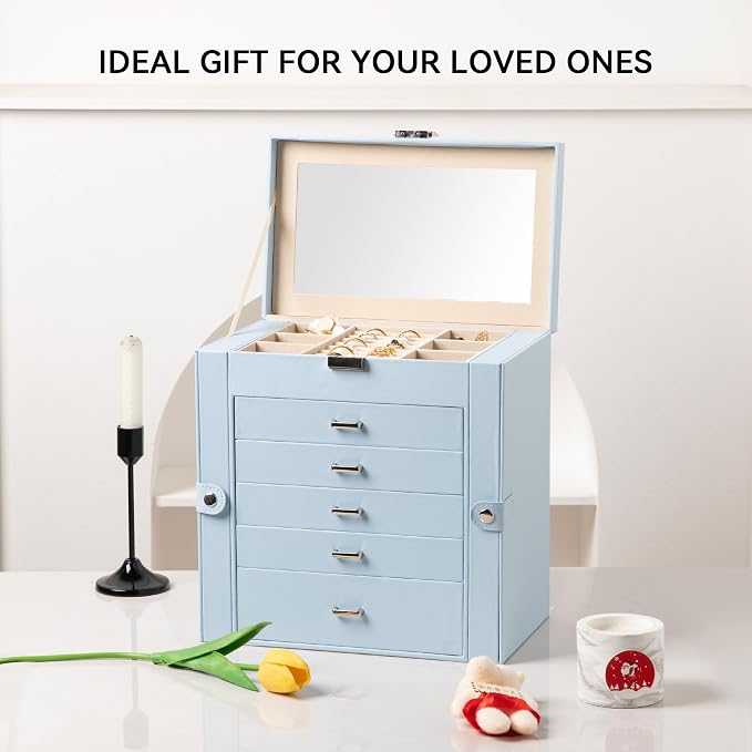 Frebeauty 6-Layer Jewelry Box for Women,Large Jewelry Organizer with Drawer | Faux Leather,Built-in Mirror,Spacious Jewelry Storage,16 Necklace Hooks,Organizing by Category for Rings Earrings Bracelet
