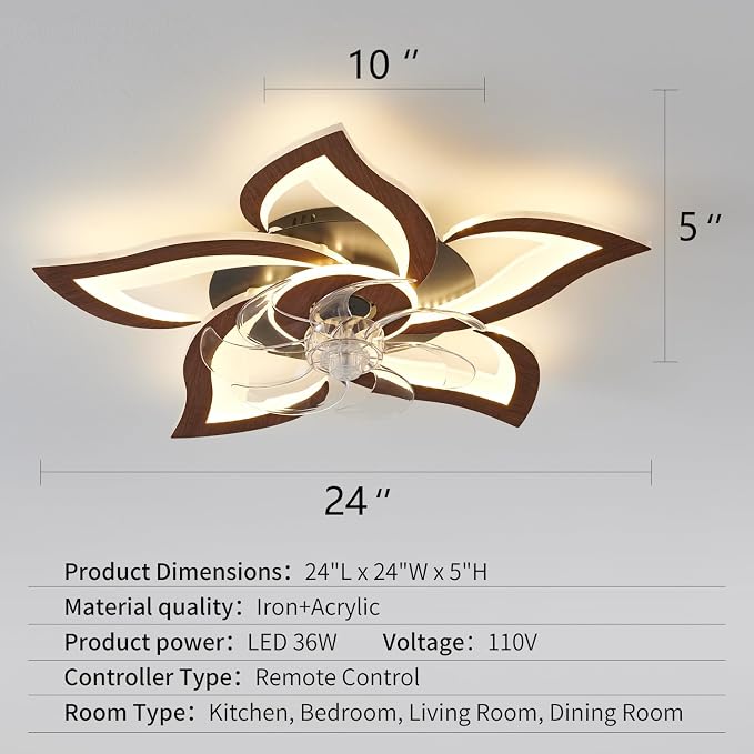 Flower Modern Ceiling Fans with Lights, Low Profile Ceiling Fan with Remote for bedroom, Flush Mount Ceiling Fan with LED Dimmable Light,3-Colors, 6-Speeds, Timing CeilingFans Light, Walnutcolor