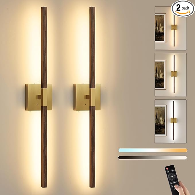 Gold & Walnut Battery Operated Wall Sconce with Remote Control, 3000K-6000K Dimmable 8000mAh Wireless Rechargeable Wall Sconces Set of Two with Timer for Living Room, Bedroom, Stairwell, TV 40 Inch