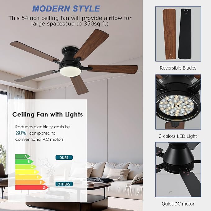 Ayaoty 54 inch Ceiling Fans with Lights and Remote, Low Profile Ceiling Fan with Light, Flush Mount, Reversible, 3CCT, Dimmable, Noiseless, White Ceiling Fan for Bedroom, Indoor/Outdoor Use