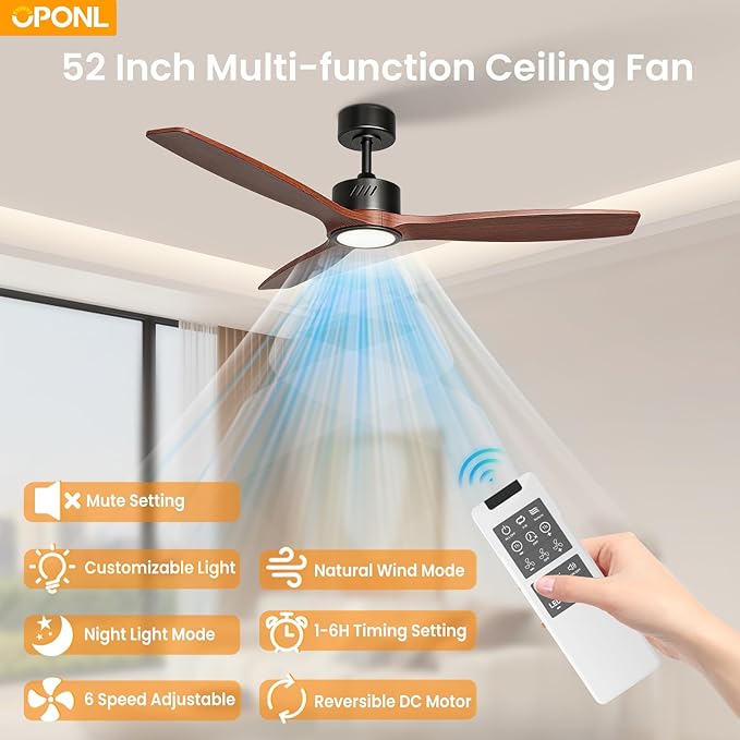 OPONL Ceiling Fan with Light, Ceiling fan with Light and Remote Control, Reversible, 6CCT, Dimmable, Noiseless, Ceiling Fan for Bedroom, Indoor/Outdoor Use, Black, 52 inch, Wood