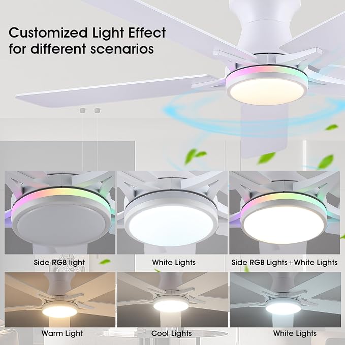 52"White Modern Low Profile RGB Ceiling Fans with Lights and Remote/APP | 14 RGB Modes,Supports Remote and APP,6 Wind Speeds, Reversible, Dimmable 3 CCT LED, 30W DC Motor,Suits for Bedroom Kidsroom