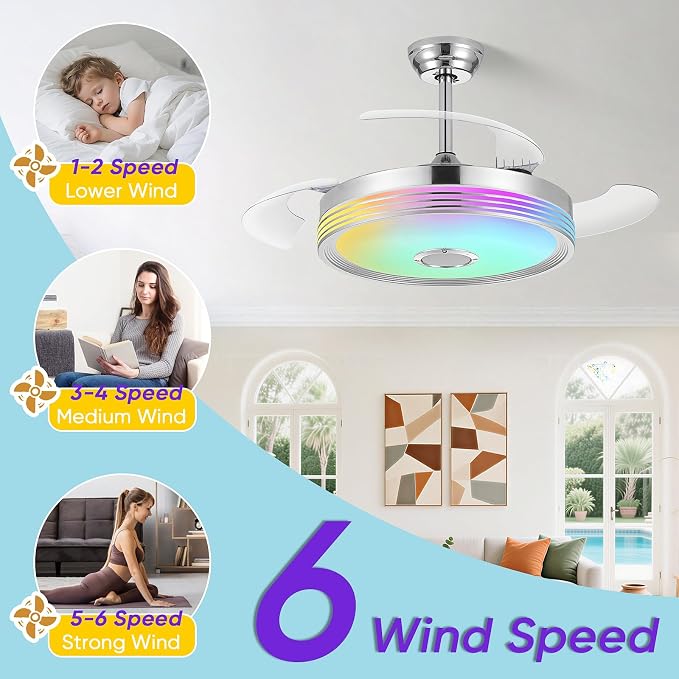 FIDGRA 48'' Retractable Ceiling Fan with Light, Bluetooth Modern Ceiling Fans with Speaker, RGB LED Lights, 6 Speeds, Reversible Motor for Bedroom, Living Room, Party-Chrome