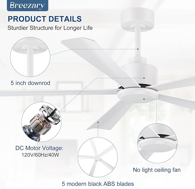 52 Inch 5 Blade Ceiling Fans without Light and Remote Control, Quiet Reversible DC Motor, 6-Speed, Modern Industrial Ceiling Fan for Home Kitchen Bedroom (White)