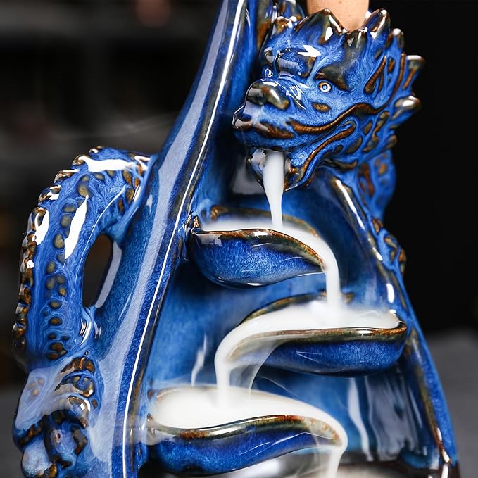 Dragon Incense Burner - Ceramic Backflow Waterfall Burner with Dragon Smoke Fountain, Incense Holder, Cones & Tweezer & Fire Mat for Aromatherapy/Yoga/Home/Office Deco